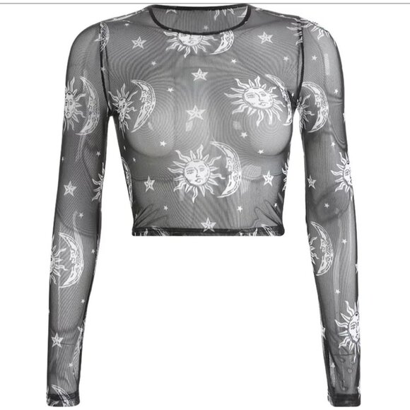 Sheer Black Mesh Crop Top W/ Sun & Moon Celestial Print & Long Sleeves – NWT - Picture 4 of 8